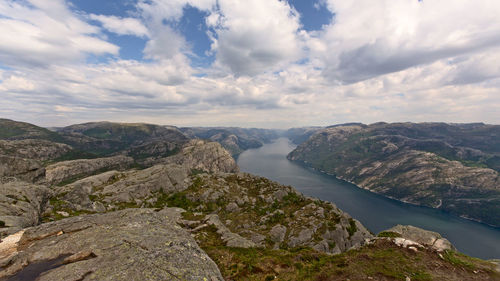 Scenic view of river amidst mountains against sky