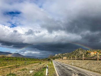 Empty road along landscape against cloudy sky