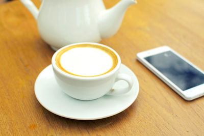 Close-up of coffee cup on table