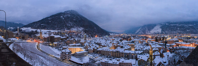 High angle view of houses in town during winter