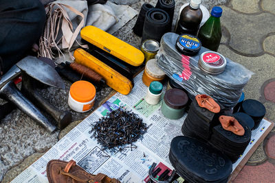 High angle view of bottles on table