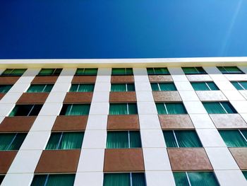 Low angle view of modern building against clear blue sky