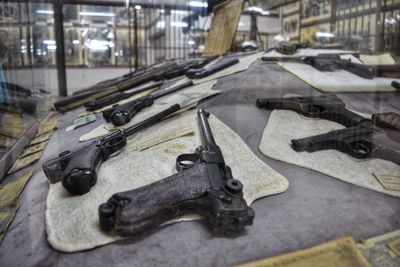 High angle view of tools on metal