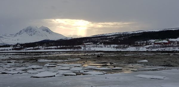 Scenic view of snowcapped mountains against sky during winter