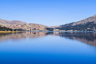 Scenic view of lake against clear blue sky