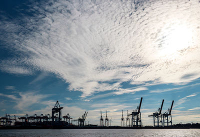 Dramatic sky over container seaport of hamburg - stillstanding cranes symbolizing economy crisis