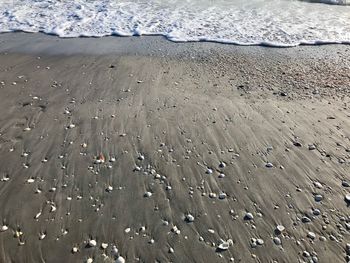 High angle view of wet sand on beach