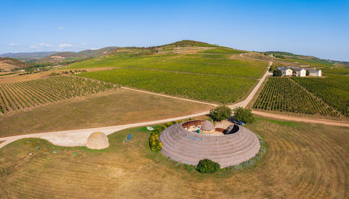 High angle view of agricultural field against sky