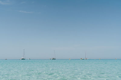 Sailboats sailing in sea against sky