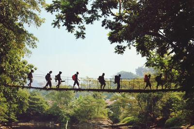 People walking on street amidst trees against sky