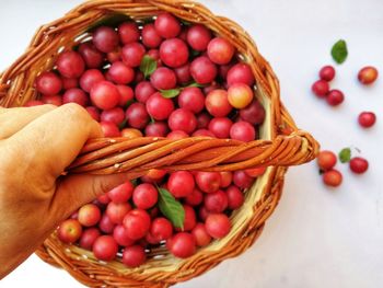 High angle view of strawberries in basket