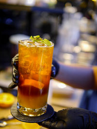 Close-up of beer glass on table
