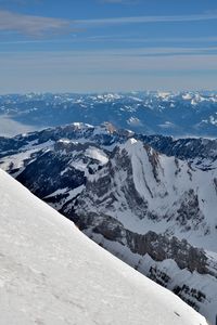 Scenic view of snow covered mountains against sky