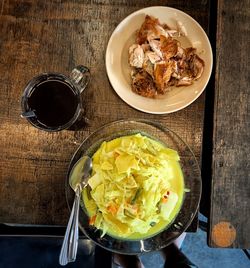High angle view of meal served on table