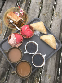 High angle view of dessert on table