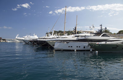 Sailboats moored at harbor against sky