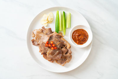 High angle view of food in plate on table