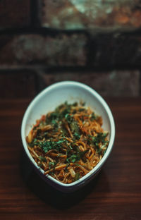 High angle view of food in bowl on table