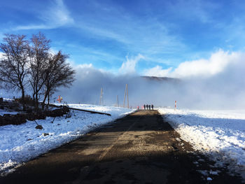 Road by trees against sky during winter