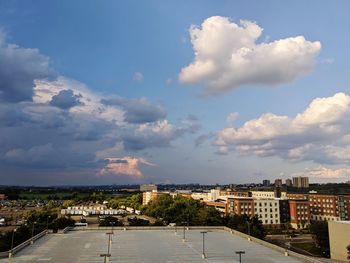 High angle view of buildings against sky