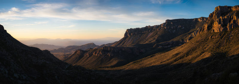 Scenic panoramic view of mountains against cloudy sky in big bend national park - texas