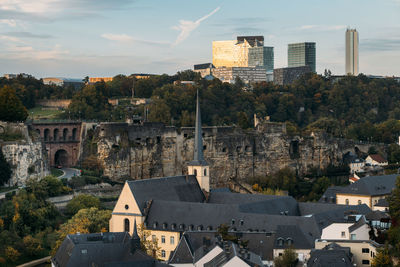 High angle view of buildings in city