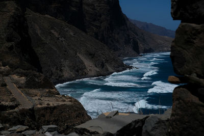 Scenic view of sea and mountains against sky