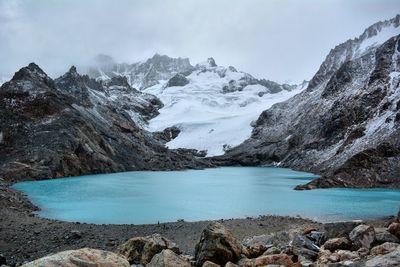 Scenic view of lake and snowcapped mountains against sky