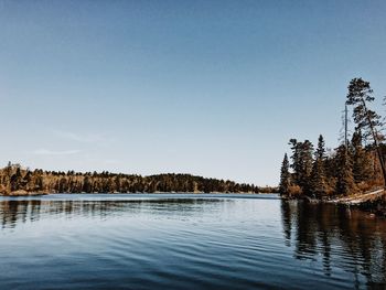 Scenic view of lake against clear blue sky