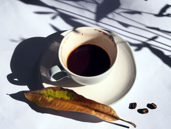 High angle view of coffee cup on table