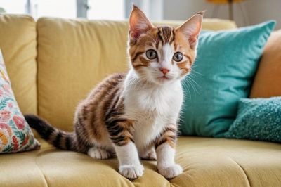 Portrait of cat sitting on sofa at home