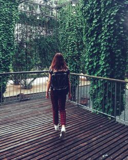 Rear view of woman walking on railing against trees