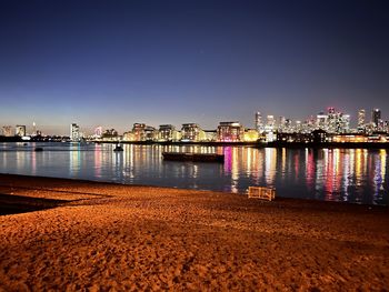 Scenic view of sea against clear sky at night