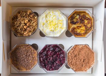 High angle view of breakfast on table