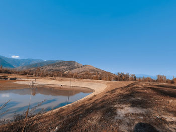 Scenic view of lake against clear blue sky