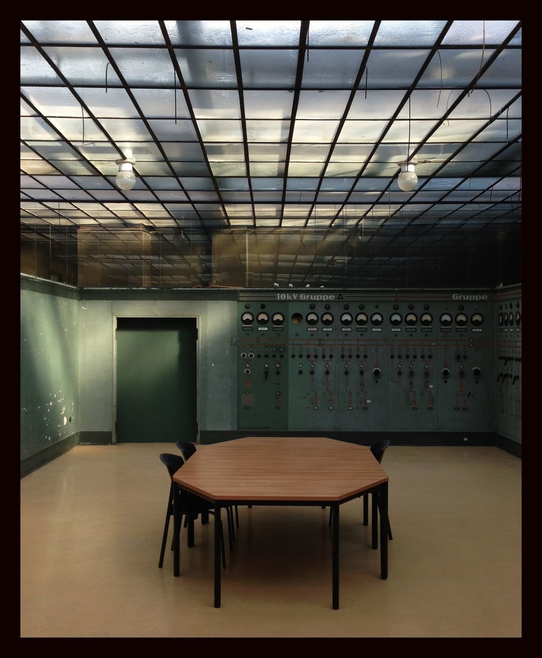 indoors, transfer print, architecture, ceiling, built structure, empty, absence, chair, window, interior, auto post production filter, flooring, table, tiled floor, no people, day, sunlight, corridor, house, glass - material