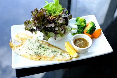High angle view of food served on table