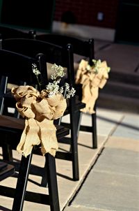 High angle view of decorated chairs on sunny day