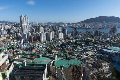 High angle view of modern buildings in city against sky