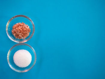 High angle view of breakfast on table against blue background