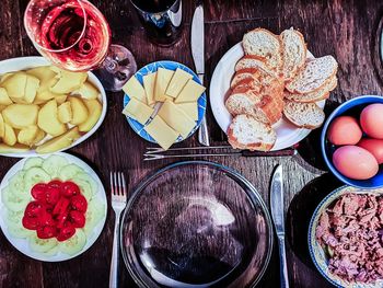 High angle view of breakfast on table