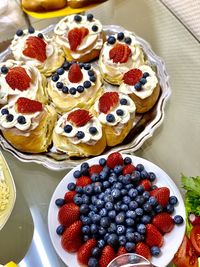 High angle view of strawberries on table