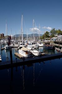 Boats moored at harbor