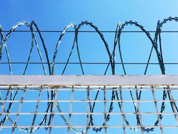 Low angle view of razor wire fence against clear blue sky