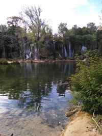 Reflection of trees in water against sky