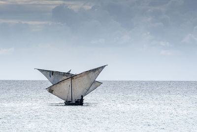 Sailboat sailing on sea against sky