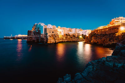 Sea by buildings against clear blue sky