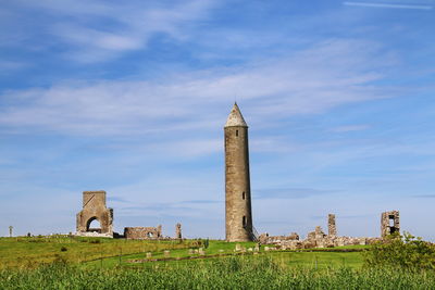 Low angle view of monument against sky at devenish island