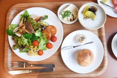 High angle view of breakfast served on table