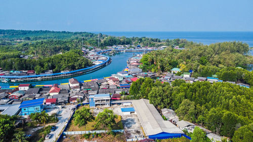 High angle view of buildings in city